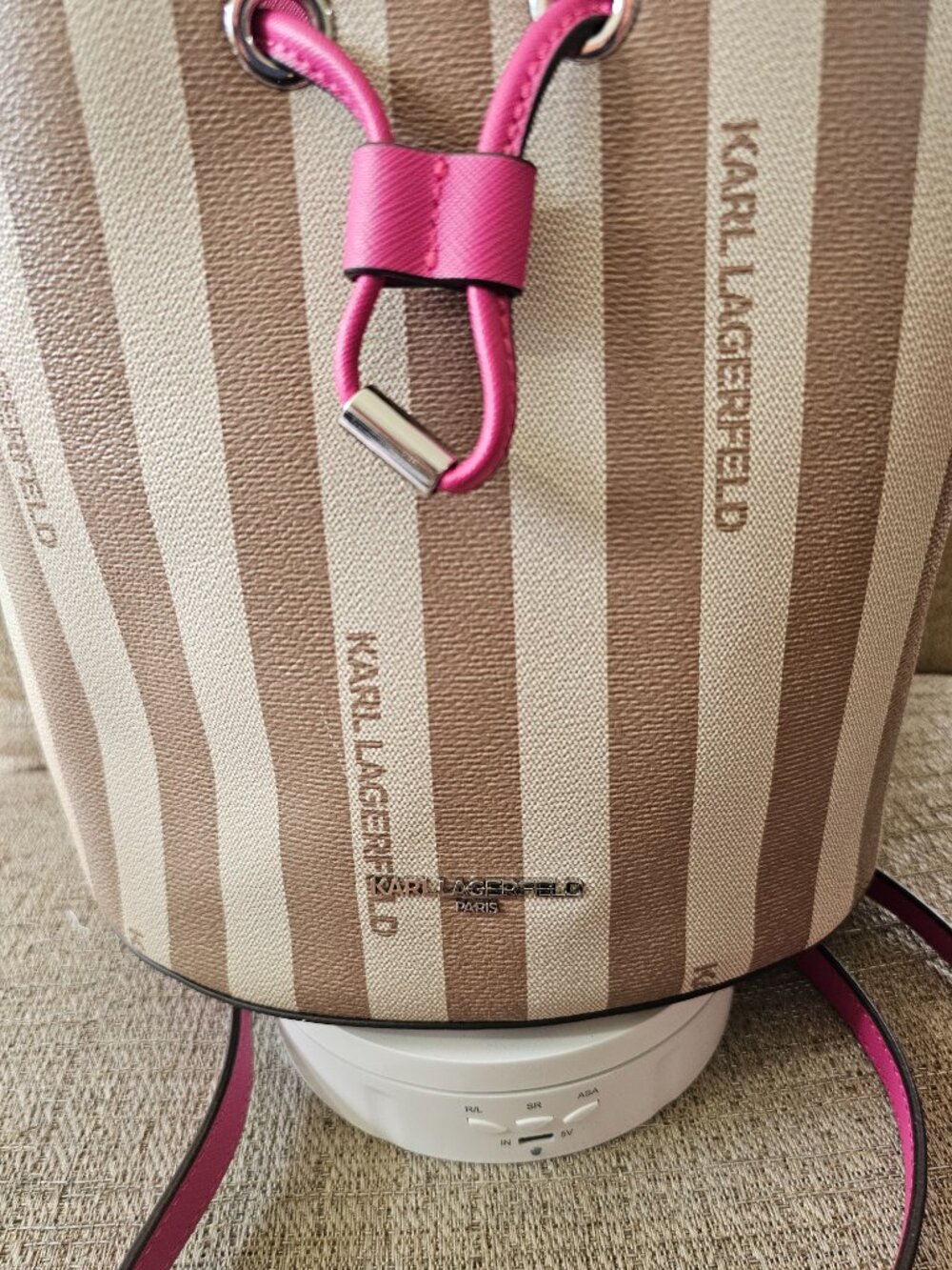 Karl Lagerfeld Beige and Cream Striped Bucket Bag with Pink Trim - Picture 5 of 9